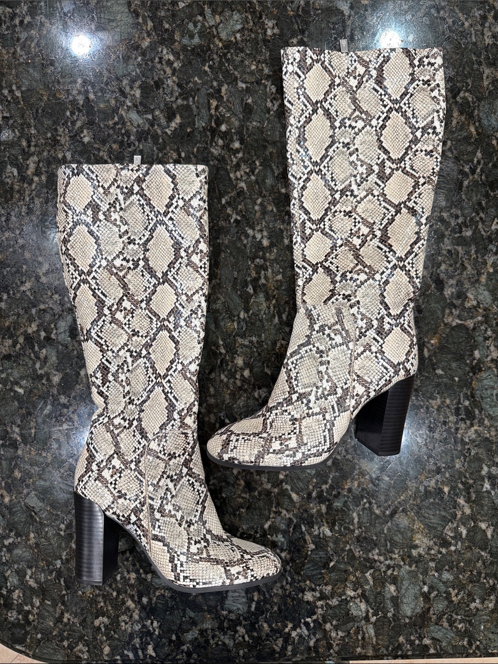 Kenneth Cole Beige & Black Snake-Print Knee Boots